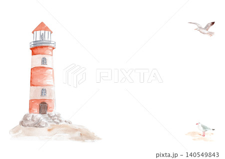 Lighthouse and seagulls watercolor coastal illustration with copy space. Hand painted seaside artwork in soft pastel colors for nursery decor, stationery, invitations, greeting cards, coastal designs Lighthouse and seagulls watercolor coastal illustration with copy space. Hand painted seaside artwork in soft pastel colors for nursery decor, stationery, invitations, greeting cards, coastal designs 140549843
