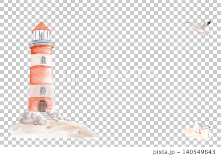 Lighthouse and seagulls watercolor coastal illustration with copy space. Hand painted seaside artwork in soft pastel colors for nursery decor, stationery, invitations, greeting cards, coastal designs Lighthouse and seagulls watercolor coastal illustration with copy space. Hand painted seaside artwork in soft pastel colors for nursery decor, stationery, invitations, greeting cards, coastal designs 140549843