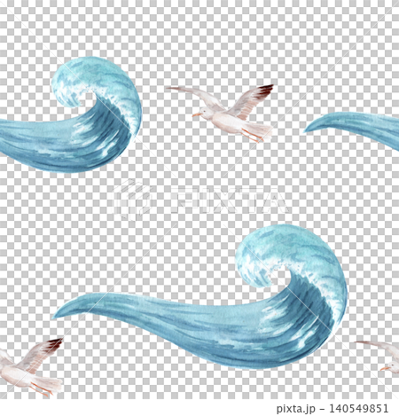 Watercolor seamless pattern ocean waves, seagulls isolated on white. Hand painted nautical repeat design for fabric, wallpaper, wrapping paper, home decor, marine themed products, textiles, accessory Watercolor seamless pattern ocean waves, seagulls isolated on white. Hand painted nautical repeat design for fabric, wallpaper, wrapping paper, home decor, marine themed products, textiles, accessory 140549851