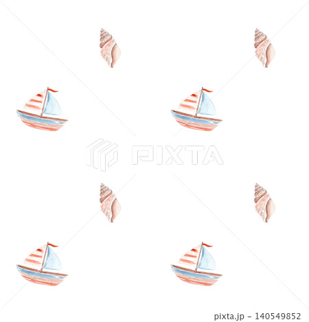Watercolor seamless nautical pattern sailboats and seashells isolated on white. Hand painted coastal repeat design for fabric, wallpaper, wrapping paper, stationery, textiles, beach themed products 140549852