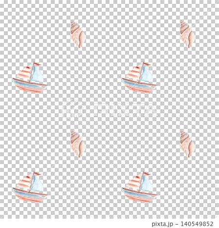 Watercolor seamless nautical pattern sailboats and seashells isolated on white. Hand painted coastal repeat design for fabric, wallpaper, wrapping paper, stationery, textiles, beach themed products 140549852