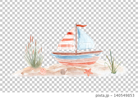 Watercolor sailboat on sandy beach with seashells, starfish and coastal grass. Hand painted nautical clipart in soft pastel colors for nursery decor, textiles, stationery, wallpaper and summer designs Watercolor sailboat on sandy beach with seashells, starfish and coastal grass. Hand painted nautical clipart in soft pastel colors for nursery decor, textiles, stationery, wallpaper and summer designs 140549853