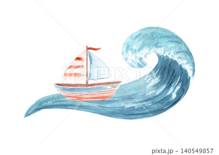 Watercolor sailboat on ocean wave illustration. Hand painted coastal clipart in soft blue and coral colors. Nautical nursery design element for invitations, stationery, textiles and children's decor Watercolor sailboat on ocean wave illustration. Hand painted coastal clipart in soft blue and coral colors. Nautical nursery design element for invitations, stationery, textiles and children's decor 140549857