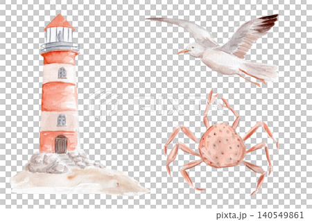 Watercolor lighthouse, seagull and crab coastal clipart set. Hand painted seaside illustration in soft pastel colors for nursery decor, stationery, invitations, textiles, summer designs and crafts Watercolor lighthouse, seagull and crab coastal clipart set. Hand painted seaside illustration in soft pastel colors for nursery decor, stationery, invitations, textiles, summer designs and crafts 140549861