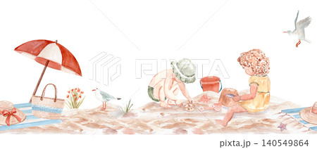 Seamless watercolor beach border featuring children playing in sand, seaside accessories, seagulls and coastal elements. Hand painted nursery illustration in soft pastel summer colors and beach charm 140549864