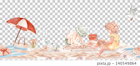 Seamless watercolor beach border featuring children playing in sand, seaside accessories, seagulls and coastal elements. Hand painted nursery illustration in soft pastel summer colors and beach charm 140549864