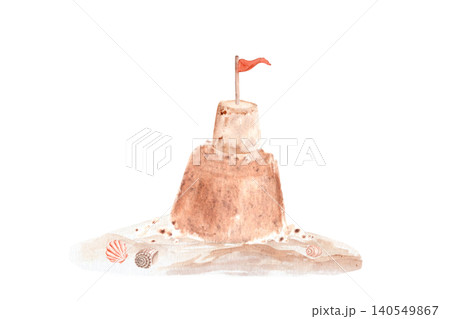Sandcastle watercolor illustration with seashells on a sandy beach. Hand painted coastal summer clipart isolated on white background, ideal for nursery decor, vacation projects, stationery, branding 140549867