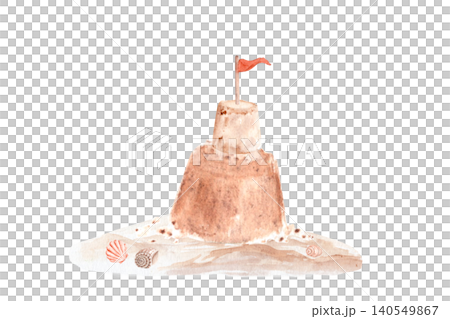 Sandcastle watercolor illustration with seashells on a sandy beach. Hand painted coastal summer clipart isolated on white background, ideal for nursery decor, vacation projects, stationery, branding 140549867