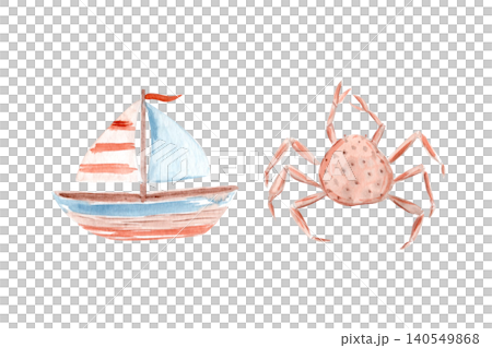 Sailboat, crab watercolor clipart set. Hand painted coastal illustration collection in soft pastel colors, isolated on white background, perfect for nursery decor, summer designs, stationery, branding 140549868