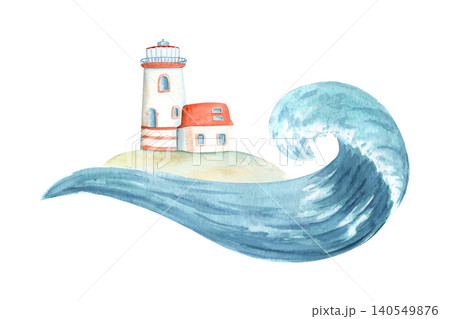 Lighthouse and ocean wave watercolor illustration isolated on white. Hand painted coastal scene for nautical stationery, beach invitations, seaside decor, branding and summer designs, greeting cards Lighthouse and ocean wave watercolor illustration isolated on white. Hand painted coastal scene for nautical stationery, beach invitations, seaside decor, branding and summer designs, greeting cards 140549876