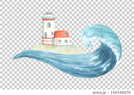 Lighthouse and ocean wave watercolor illustration isolated on white. Hand painted coastal scene for nautical stationery, beach invitations, seaside decor, branding and summer designs, greeting cards Lighthouse and ocean wave watercolor illustration isolated on white. Hand painted coastal scene for nautical stationery, beach invitations, seaside decor, branding and summer designs, greeting cards 140549876