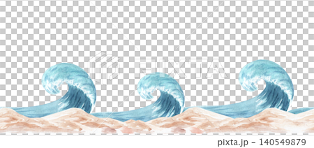 Coastal watercolor border with ocean waves and sandy dunes. Hand-painted seaside illustration in soft nursery style, isolated on white background, ideal for decor, invitations, textiles and stationery 140549879