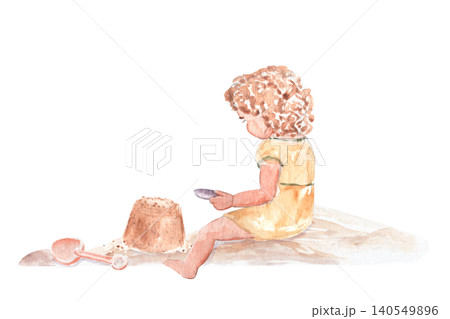 Curly haired child building a sandcastle watercolor illustration isolated on white. Hand painted beach scene for nursery decor, storybooks, summer stationery, invitations and kids designs, wall art Curly haired child building a sandcastle watercolor illustration isolated on white. Hand painted beach scene for nursery decor, storybooks, summer stationery, invitations and kids designs, wall art 140549896