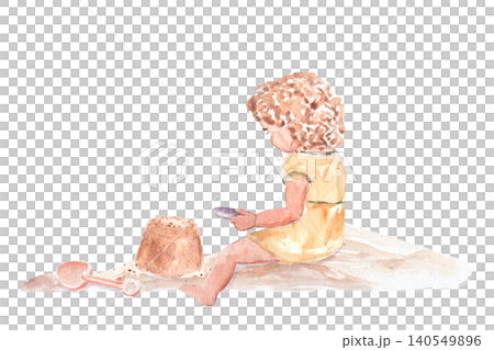 Curly haired child building a sandcastle watercolor illustration isolated on white. Hand painted beach scene for nursery decor, storybooks, summer stationery, invitations and kids designs, wall art Curly haired child building a sandcastle watercolor illustration isolated on white. Hand painted beach scene for nursery decor, storybooks, summer stationery, invitations and kids designs, wall art 140549896
