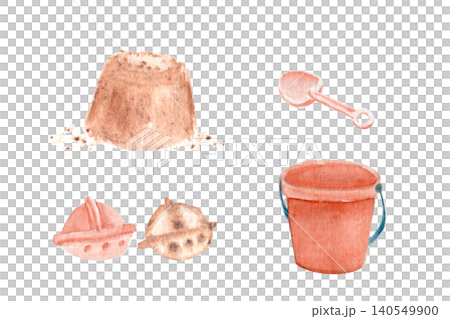 Sandcastle toys watercolor set with bucket, shovel, molds and sandcastle isolated on white. Hand painted clipart for nursery decor, beach party stationery, summer invitations and kids designs Sandcastle toys watercolor set with bucket, shovel, molds and sandcastle isolated on white. Hand painted clipart for nursery decor, beach party stationery, summer invitations and kids designs 140549900