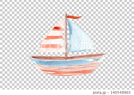Toy sailboat watercolor illustration in soft coastal nursery style. Hand-painted nautical clipart isolated on white background, ideal for beach themes, children's decor, stationery, patterns, branding 140549903