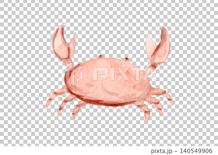 Pink coastal crab watercolor illustration in a soft nursery style. Hand-painted seaside clipart isolated on white background, ideal for beach themes, children's decor, stationery, patterns and 140549906