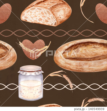 Seamless striped pattern bread, wheat, jar and hearts arranged in horizontal bands on dark brown background. Watercolor bakery design for packaging, branding, textile, food related surface Seamless striped pattern bread, wheat, jar and hearts arranged in horizontal bands on dark brown background. Watercolor bakery design for packaging, branding, textile, food related surface 140549939