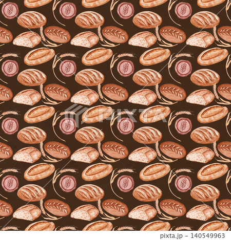 Seamless pattern with assorted bread and wheat, hand painted watercolor bakery illustration on dark background. Artisan organic food design for packaging, fabric, wallpaper, wrapping paper, branding Seamless pattern with assorted bread and wheat, hand painted watercolor bakery illustration on dark background. Artisan organic food design for packaging, fabric, wallpaper, wrapping paper, branding 140549963