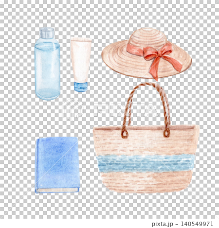 Straw hat, woven bag, reusable bottle, sunscreen tube, book. Watercolor summer beach accessories set isolated on white. Coastal vacation style for travel branding, seasonal design. Hand painted Straw hat, woven bag, reusable bottle, sunscreen tube, book. Watercolor summer beach accessories set isolated on white. Coastal vacation style for travel branding, seasonal design. Hand painted 140549971