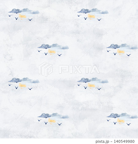 Seamless watercolor sky pattern with soft clouds, flying birds and pale sun accents on textured background. Hand painted airy design for wallpaper, fabric, nursery decor, wrapping paper and stationery Seamless watercolor sky pattern with soft clouds, flying birds and pale sun accents on textured background. Hand painted airy design for wallpaper, fabric, nursery decor, wrapping paper and stationery 140549980