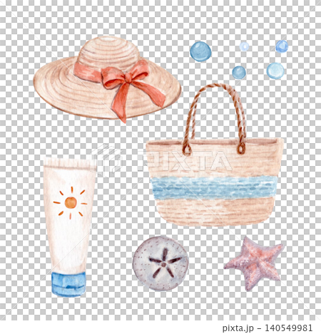 Straw hat, woven tote bag, sunscreen tube, seashells and bubbles. Watercolor beach accessories. Hand painted summer illustration set for travel branding, vacation packaging, stickers and coastal Straw hat, woven tote bag, sunscreen tube, seashells and bubbles. Watercolor beach accessories. Hand painted summer illustration set for travel branding, vacation packaging, stickers and coastal 140549981
