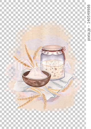 Watercolor sourdough starter, flour bowl and wheat ears on soft background. Hand painted rustic illustration for bakery branding, recipe cards, packaging and organic food design. Baking ingredients Watercolor sourdough starter, flour bowl and wheat ears on soft background. Hand painted rustic illustration for bakery branding, recipe cards, packaging and organic food design. Baking ingredients 140549986