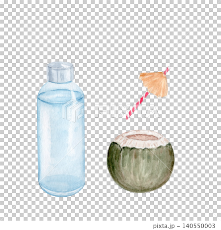 Watercolor tropical summer drink elements isolated on white background. Hand painted reusable water bottle, coconut cocktail, paper umbrella in beach style for travel branding, resort design, decor 140550003