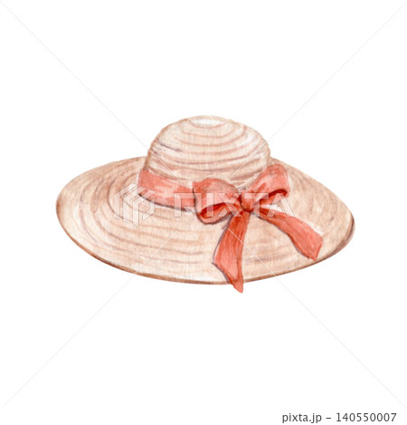 Watercolor straw summer hat ribbon bow isolated on white background. Hand painted feminine accessory in soft pastel tones, elegant vintage fashion illustration for branding, packaging, seasonal design 140550007