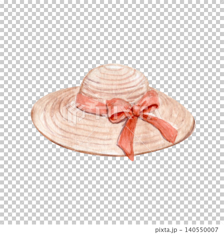 Watercolor straw summer hat ribbon bow isolated on white background. Hand painted feminine accessory in soft pastel tones, elegant vintage fashion illustration for branding, packaging, seasonal design Watercolor straw summer hat ribbon bow isolated on white background. Hand painted feminine accessory in soft pastel tones, elegant vintage fashion illustration for branding, packaging, seasonal design 140550007