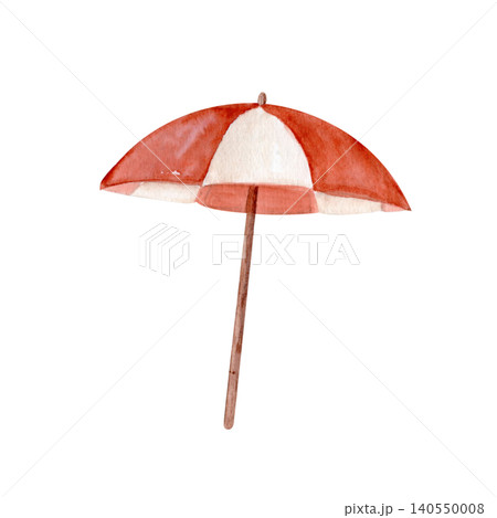 Watercolor red and white beach umbrella isolated on white background. Hand painted summer parasol illustration in coastal vintage style for vacation branding, travel design and seasonal decor Watercolor red and white beach umbrella isolated on white background. Hand painted summer parasol illustration in coastal vintage style for vacation branding, travel design and seasonal decor 140550008