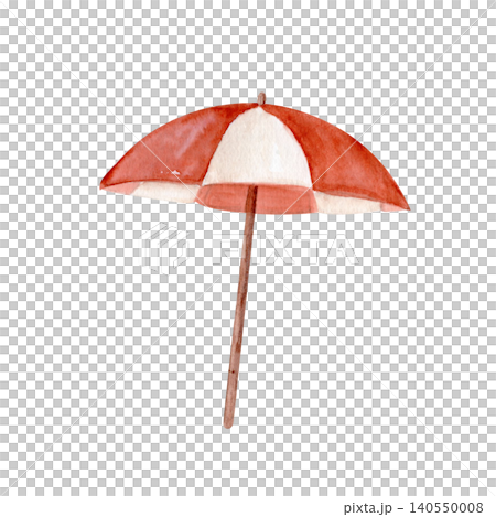 Watercolor red and white beach umbrella isolated on white background. Hand painted summer parasol illustration in coastal vintage style for vacation branding, travel design and seasonal decor Watercolor red and white beach umbrella isolated on white background. Hand painted summer parasol illustration in coastal vintage style for vacation branding, travel design and seasonal decor 140550008