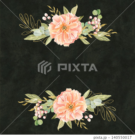 Elegant peach peonies, delicate greenery, subtle gold accents watercolor floral frame isolated on dark green. Hand-painted perfect for wedding invitations, branding, packaging, cards. Square template Elegant peach peonies, delicate greenery, subtle gold accents watercolor floral frame isolated on dark green. Hand-painted perfect for wedding invitations, branding, packaging, cards. Square template 140550017