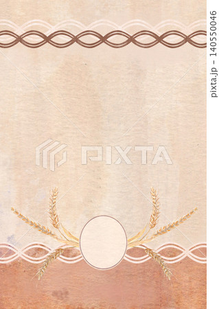 Watercolor bakery label frame with wheat, braided ornamental lines. Hand painted rustic border composition with clean text space. Soft muted tones design for packaging, branding, food labels, artisan Watercolor bakery label frame with wheat, braided ornamental lines. Hand painted rustic border composition with clean text space. Soft muted tones design for packaging, branding, food labels, artisan 140550046