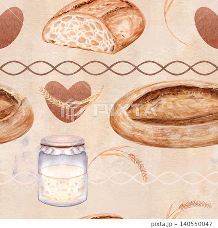 Seamless striped pattern bread, wheat, jar and hearts arranged in horizontal bands on parchment background. Watercolor bakery design for packaging, branding, textile, food related surface applications 140550047