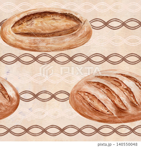 Seamless pattern, hand painted sourdough bread on textured parchment background, warm earthy tones. Watercolor rustic bakery design, horizontal stripe rhythm for packaging, branding, textile, food use Seamless pattern, hand painted sourdough bread on textured parchment background, warm earthy tones. Watercolor rustic bakery design, horizontal stripe rhythm for packaging, branding, textile, food use 140550048