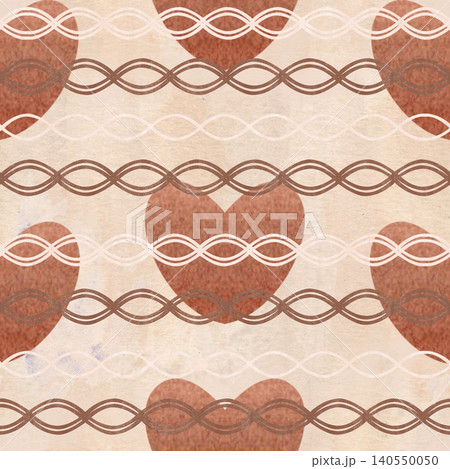 Seamless pattern hand painted hearts, braided ornamental lines in warm earthy tones on textured vintage paper background. Watercolor style rustic design for packaging, branding, textile, surface use Seamless pattern hand painted hearts, braided ornamental lines in warm earthy tones on textured vintage paper background. Watercolor style rustic design for packaging, branding, textile, surface use 140550050