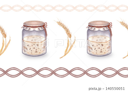 Seamless watercolor stripe pattern with sourdough starter jar, wheat. Hand painted rustic bakery border with braided ornamental lines, repeating horizontal design for packaging, textile, surface Seamless watercolor stripe pattern with sourdough starter jar, wheat. Hand painted rustic bakery border with braided ornamental lines, repeating horizontal design for packaging, textile, surface 140550051