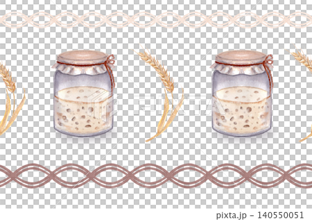 Seamless watercolor stripe pattern with sourdough starter jar, wheat. Hand painted rustic bakery border with braided ornamental lines, repeating horizontal design for packaging, textile, surface Seamless watercolor stripe pattern with sourdough starter jar, wheat. Hand painted rustic bakery border with braided ornamental lines, repeating horizontal design for packaging, textile, surface 140550051