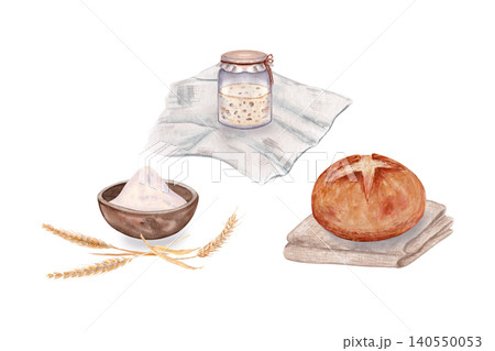 Wheat, flour, sourdough starter and bread. Watercolor baking process set. Hand painted artisanal elements, natural fermentation from grain to loaf, isolated on white background for packaging, branding Wheat, flour, sourdough starter and bread. Watercolor baking process set. Hand painted artisanal elements, natural fermentation from grain to loaf, isolated on white background for packaging, branding 140550053