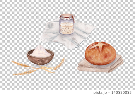 Wheat, flour, sourdough starter and bread. Watercolor baking process set. Hand painted artisanal elements, natural fermentation from grain to loaf, isolated on white background for packaging, branding Wheat, flour, sourdough starter and bread. Watercolor baking process set. Hand painted artisanal elements, natural fermentation from grain to loaf, isolated on white background for packaging, branding 140550053