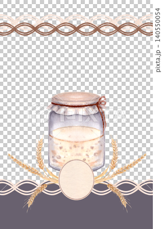 Watercolor bakery label with sourdough starter jar and wheat. Hand painted rustic composition with clean space for text. Warm earthy tones design for food packaging, branding and artisanal products Watercolor bakery label with sourdough starter jar and wheat. Hand painted rustic composition with clean space for text. Warm earthy tones design for food packaging, branding and artisanal products 140550054