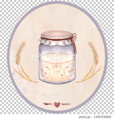 Sourdough starter jar and wheat watercolor label on parchment. Rustic hand painted bakery design in warm natural tones, round composition for packaging, branding, stickers and artisan food products Sourdough starter jar and wheat watercolor label on parchment. Rustic hand painted bakery design in warm natural tones, round composition for packaging, branding, stickers and artisan food products 140550068