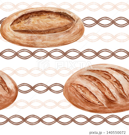 Seamless pattern with hand painted sourdough bread in warm neutral tones. Watercolor minimal bakery design with clean horizontal layout, ideal for packaging, branding, textile and modern food concepts Seamless pattern with hand painted sourdough bread in warm neutral tones. Watercolor minimal bakery design with clean horizontal layout, ideal for packaging, branding, textile and modern food concepts 140550072