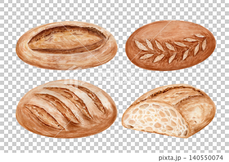 Sourdough bread set with different artisan loaves isolated on white, hand painted watercolor bakery illustration collection isolated on white background, organic food elements for menu, packaging Sourdough bread set with different artisan loaves isolated on white, hand painted watercolor bakery illustration collection isolated on white background, organic food elements for menu, packaging 140550074