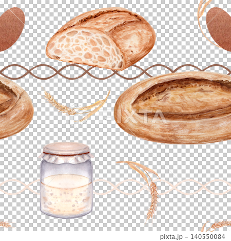 Artisan bread, sourdough loaf, wheat ears and starter jar seamless watercolor pattern. Hand painted bakery illustration in rustic style, perfect for packaging, textile, wrapping paper and food design Artisan bread, sourdough loaf, wheat ears and starter jar seamless watercolor pattern. Hand painted bakery illustration in rustic style, perfect for packaging, textile, wrapping paper and food design 140550084