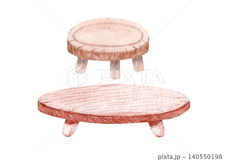 Watercolor round coffee tables set isolated on white. Hand painted wooden furniture in natural tones. Boho and Scandinavian decor elements for interior design, branding, stationery and home projects Watercolor round coffee tables set isolated on white. Hand painted wooden furniture in natural tones. Boho and Scandinavian decor elements for interior design, branding, stationery and home projects 140550198