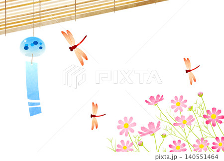 残暑見舞いイラスト、風鈴、すだれ、とんぼ、コスモス、かわいい、和風、横 140551464