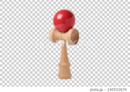 A cutout PNG image of a wooden kendama (cup-and-ball game) photographed from an angle. 140552674