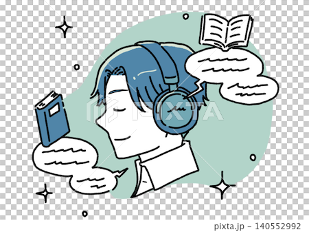 A man listening to an audiobook with headphones on and his eyes closed. 140552992